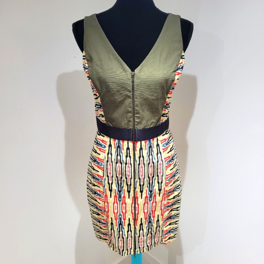 Rachel Roy Women's Sleeveless Front Zip V-Neck Boho Print Dress 10 Green Summer